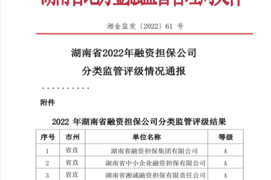 財鑫擔保榮獲2022年湖南金融監管評級A級